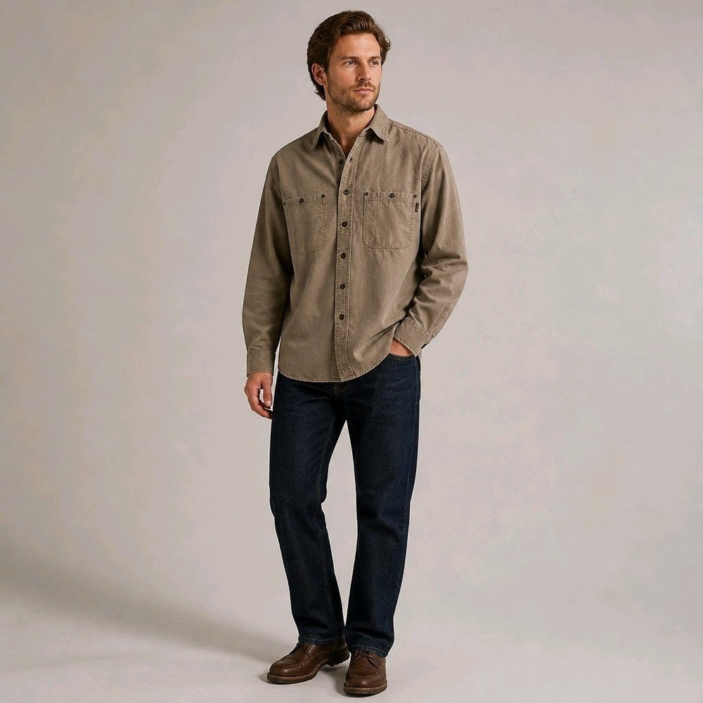 Wolverine Medium Tan Cotton Canvas Long Sleeve Work Shirt Dual Pocket